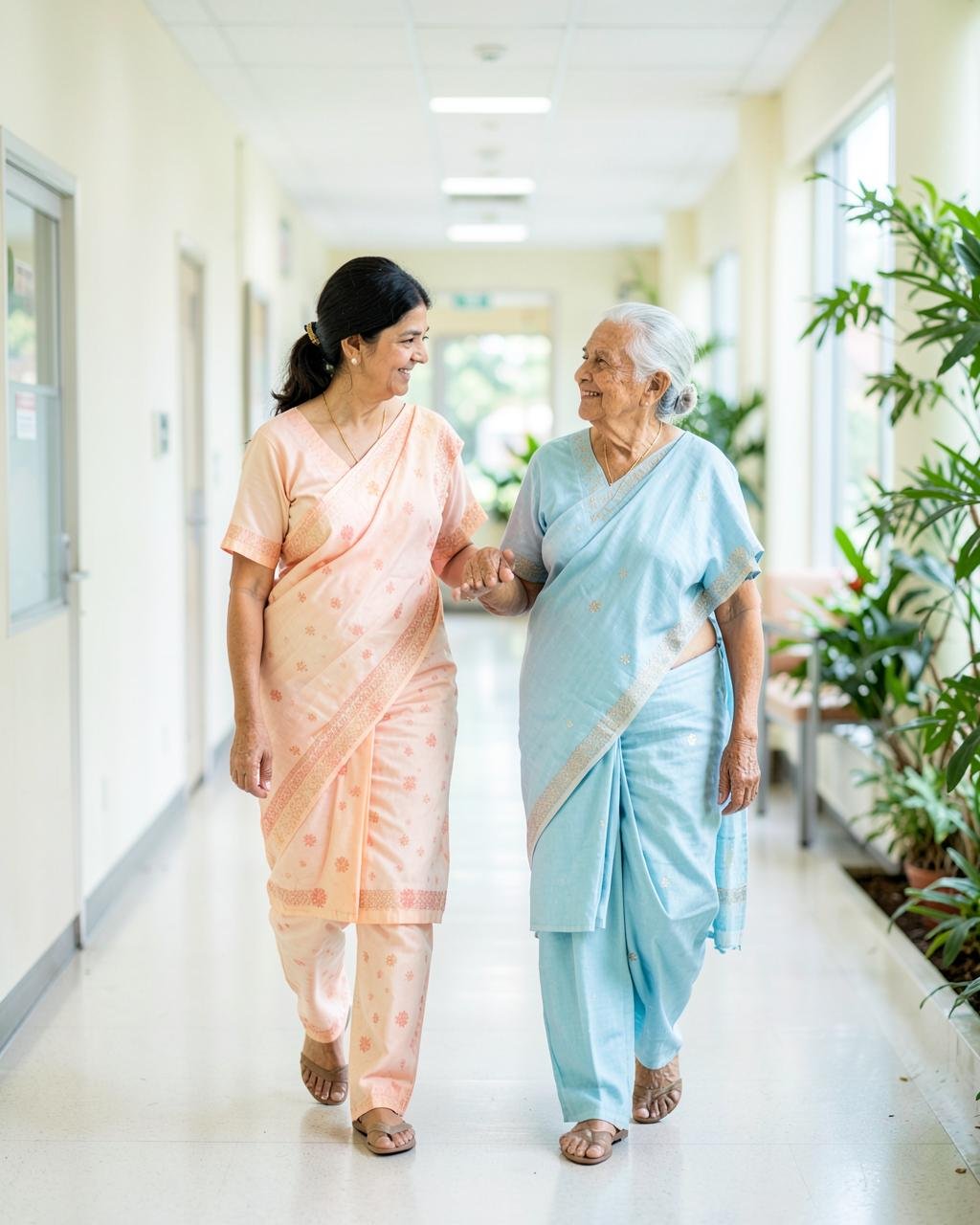 An Indian woman walking with her elderly mother in a hospital corridor