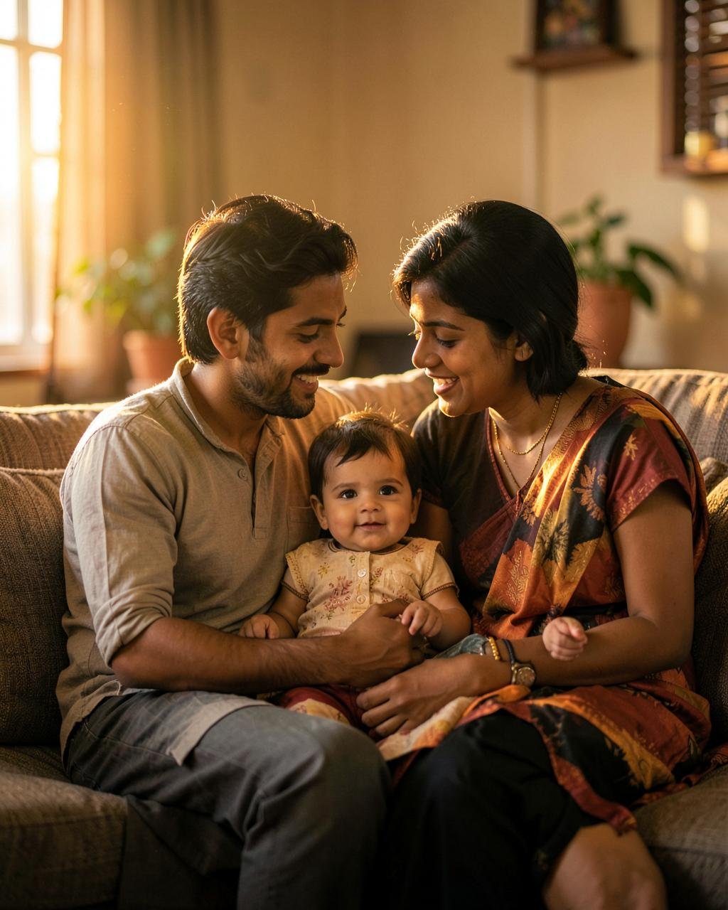Young Indian parents at home with their baby