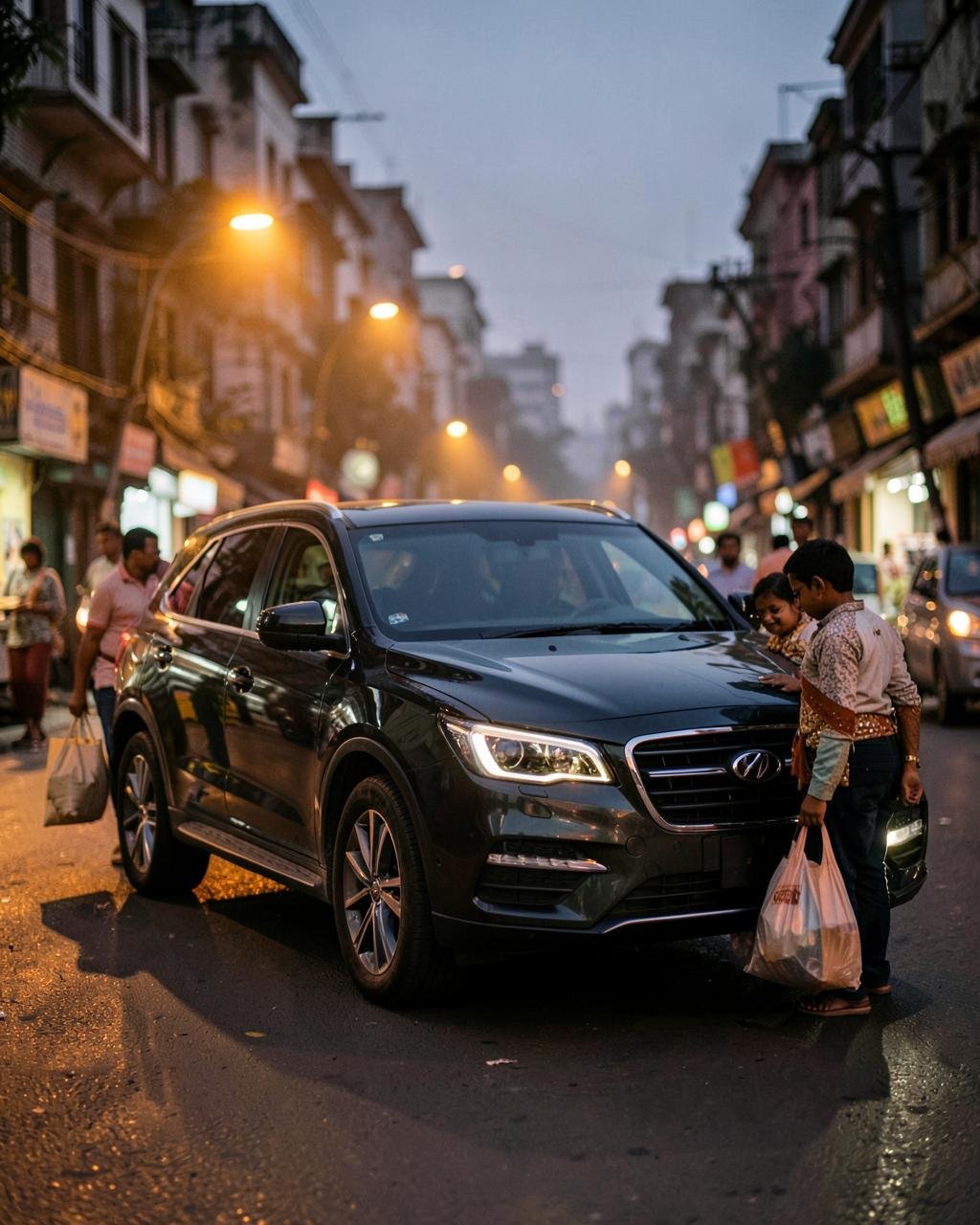 An Indian family loading their car on a city street at dusk