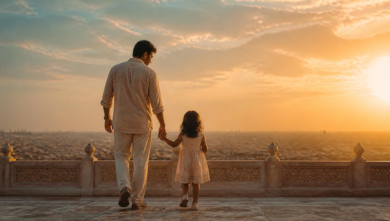 A father and his young daughter walking together at sunset