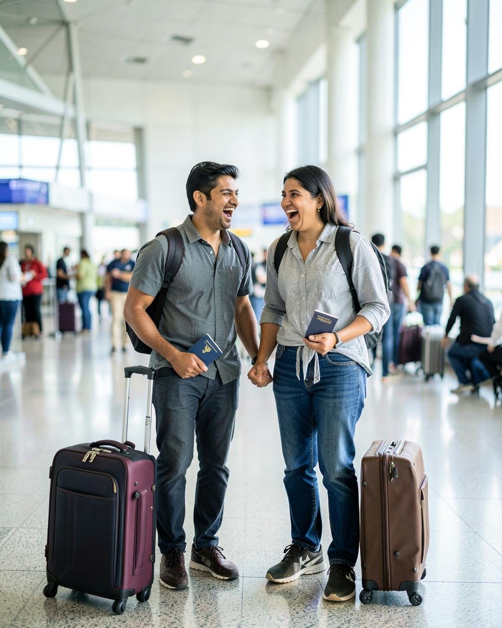 An Indian couple with luggage and passports at an airport